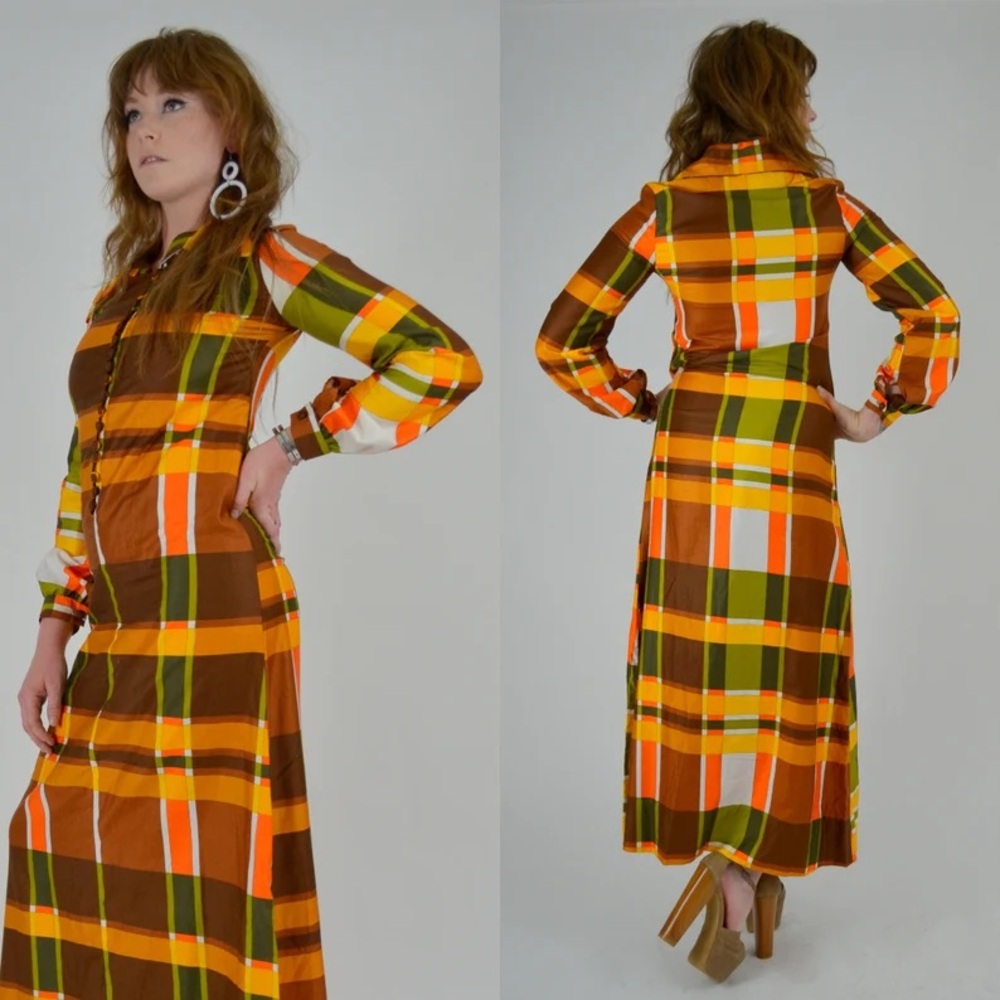 1970s autumn plaid vintage maxi dress